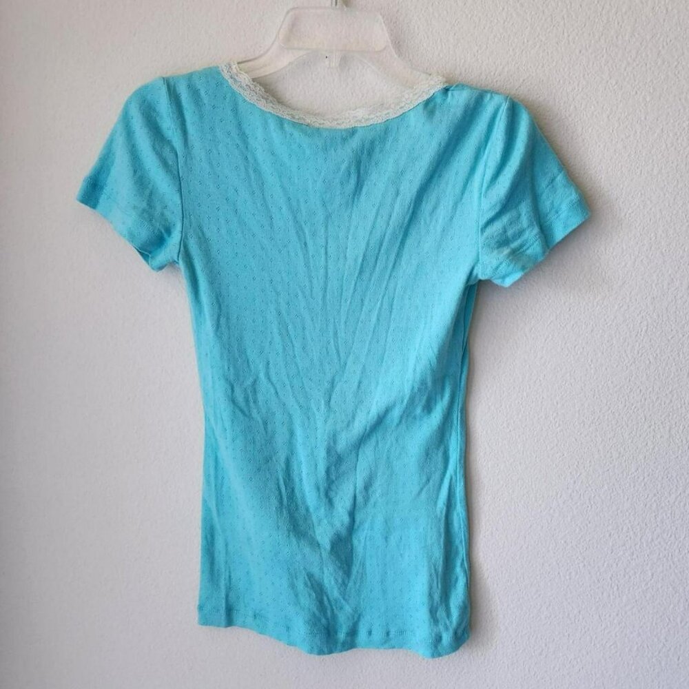Covington pastel blue & white lace trim top Women Sz S y2k fairy core cottage - Picture 2 of 8